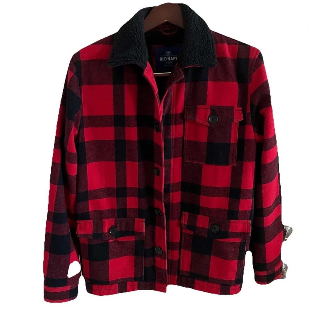 Old Navy Men's M Buffalo Plaid Jacket Sherpa Lined Chore Utility Wool Blend